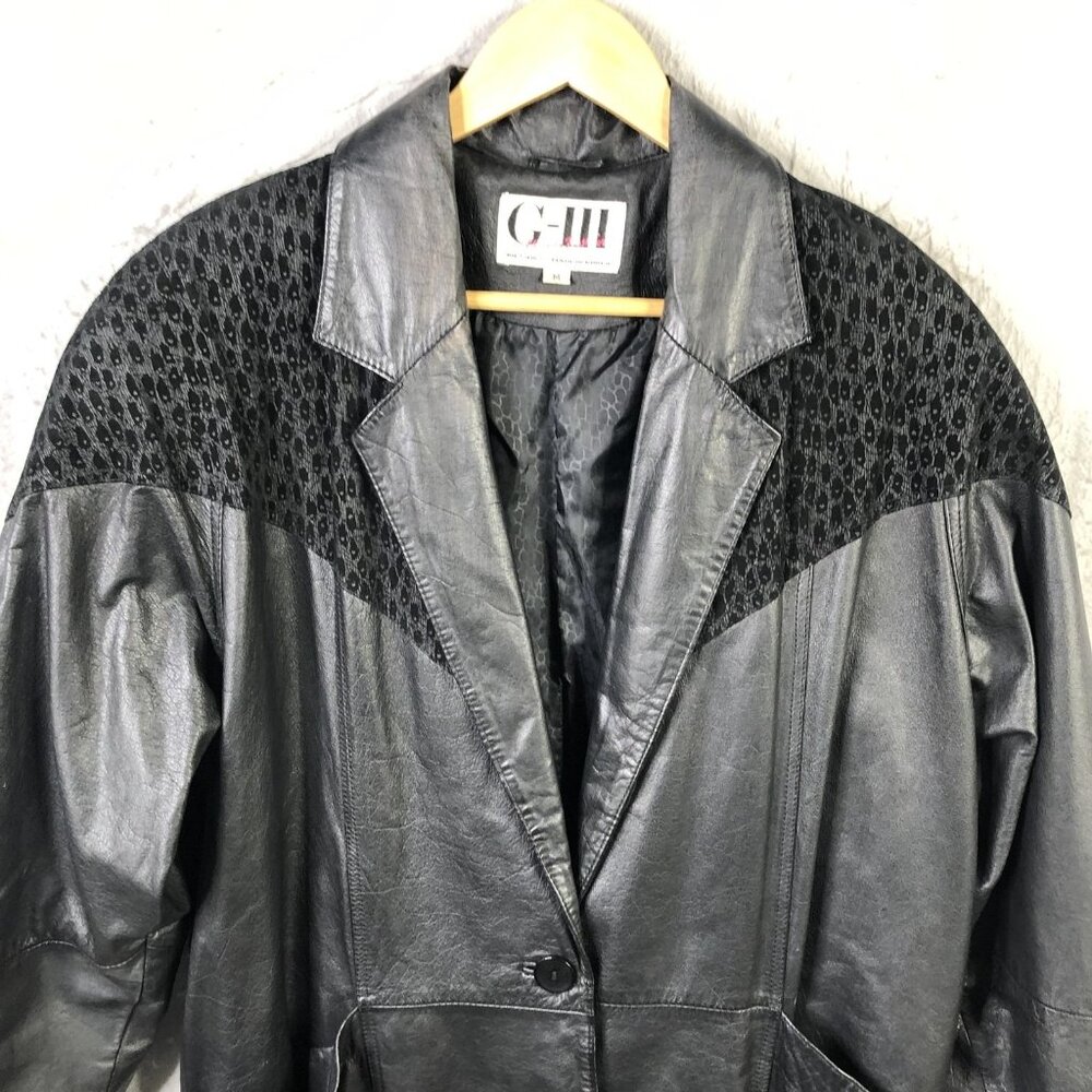 Vintage G-III Coat Womens Medium Black Leather Animal Print Long Overcoat 80s - Picture 8 of 16